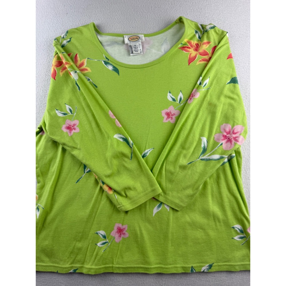 Talbots Womens XL Lime Green Floral Cotton Long Sleeve Crew Neck Top Tropical‎